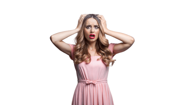 Woman in Pink Dress Holding Her Head in Shock png