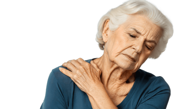 Senior Woman Experiencing Shoulder Pain While Wearing A Teal Shirt png