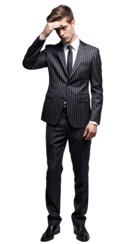 Man Wearing Black Striped Suit Holding His Forehead in Thought png