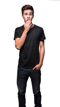 Young Man Wearing a Black T-Shirt and Blue Jeans Covering His Mouth in Surprise png