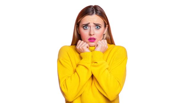 Young Woman in Yellow Sweater Expressing Fear and Anxiety png