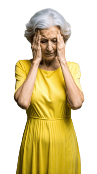Elderly Woman in Yellow Dress Holding Her Head in Her Hands png