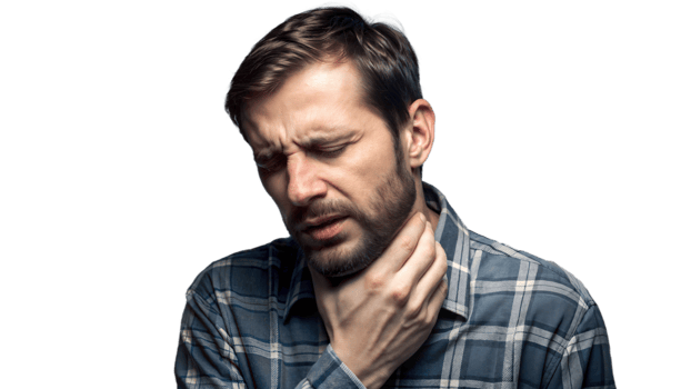 Man Experiencing Throat Pain, Holding His Neck With Closed Eyes png