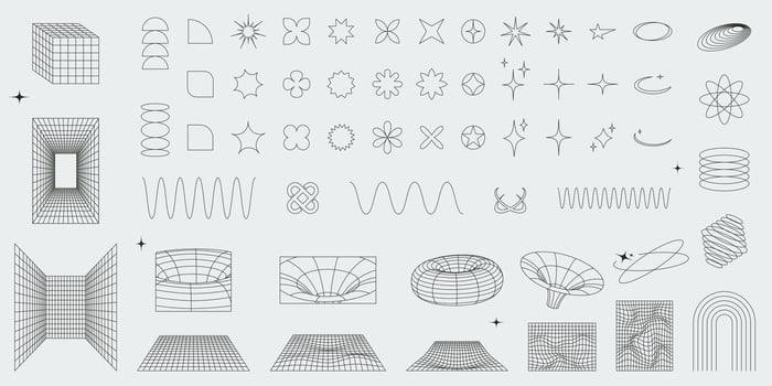 Abstract geometric shapes, wireframes and grids big set. Brutalist style outline figures. Editable stroke outline figures. Y2k aesthetic elements vector