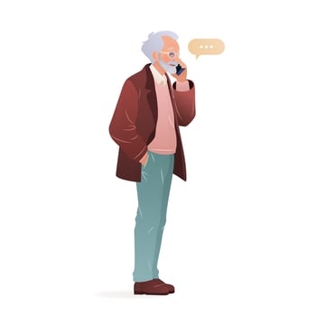 Elderly man in casual clothing standing and using his smartphone. Character holding a mobile phone in his hands and talking on it. isolated illustration on white background. vector