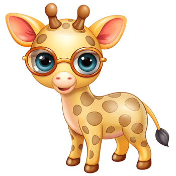Cute cartoon giraffe with large glasses, big eyes, and a friendly expression, perfect for children's illustrations and design. png