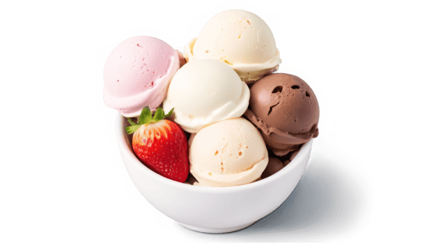ice creams scoops that various flavor in white bowl isolated on background png