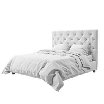 A white bed with a tufted headboard On transparent background. png