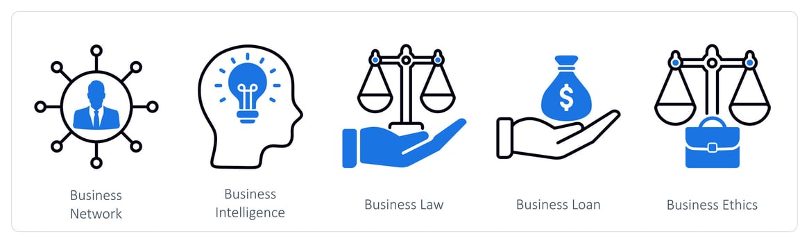 A set of 5 Business and Office icons as business network, business intelligence, business law vector
