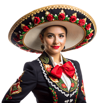 Woman dressed in traditional Mexican attire with a richly decorated sombrero, showcasing vibrant colors and intricate embroidery. png