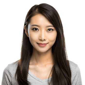 Portrait of a young woman with long dark hair, smiling gently and wearing a grey shirt against a plain background. png