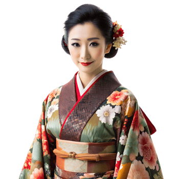 Elegant woman in traditional Japanese kimono with floral patterns, showcasing cultural attire and beautiful craftsmanship. png