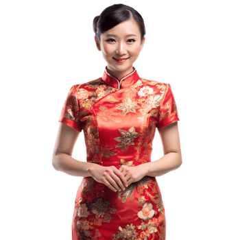 Elegant woman in traditional Chinese dress, Cheongsam, smiling confidently in vibrant red attire with intricate floral patterns. png