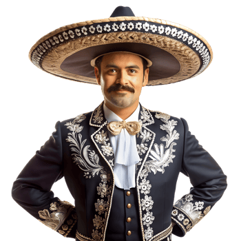 Man in traditional mariachi attire featuring embroidered suit and sombrero. Represents Mexican culture, music, and folk traditions. png