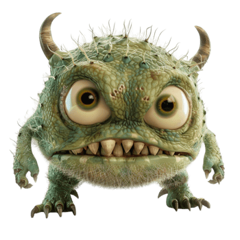 A Green monster with big eyes and horns On transparent background. png