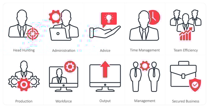 A set of 10 mix icons as head hunting, administration, advice vector