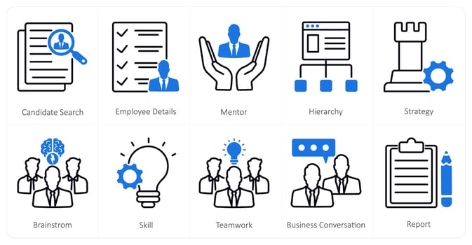 A set of 10 mix icons as candidate search, employee details, mentor vector