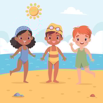 Cute little boy and girls in swimsuits, swimming cap, safety glasses and cap with illustration vector