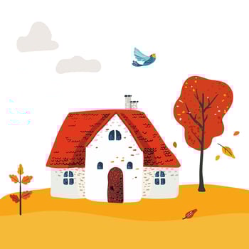 Cartoon Village House with a red roof. Folk red leaves on a tree. Postcard and poster. For children print textiles vector