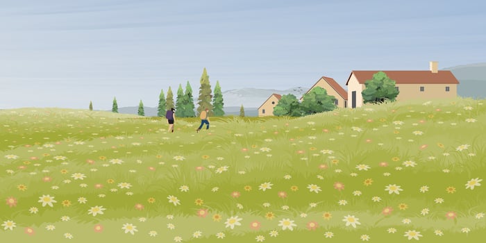 Small village in colorful flower fields hill landscape with tourist backpackers have mountain range behind graphic illustration. vector
