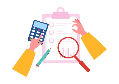 Business Audit Documents Illustration with Charts, Accounting, Calculations, and Financial Report Analytics on a Flat Cartoon Background vector