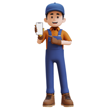 3D Construction Worker Character Pointing to Empty Phone Screen png
