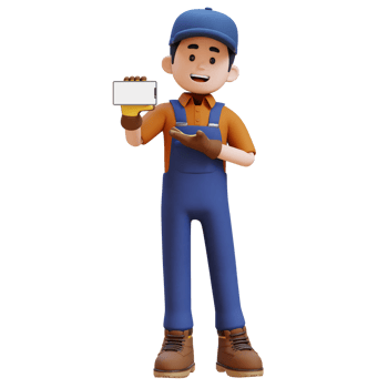 3D Construction Worker Character Presenting on Empty Phone Screen png