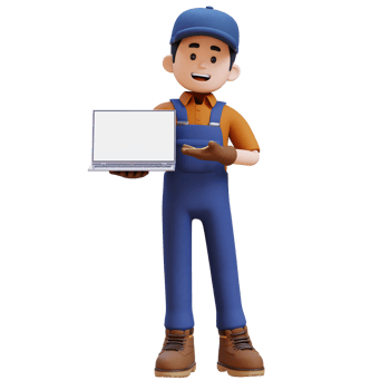 3D Construction Worker Character Presenting on Empty Computer Screen png