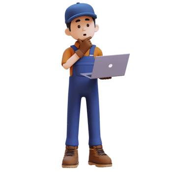 3D Construction Worker Character Thinking While Working on a Laptop png