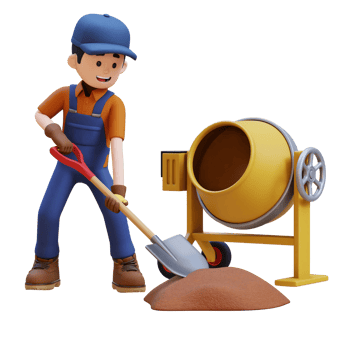 3D Construction Worker Character Work with Shovel and a Concrete Mixer Making Cement png