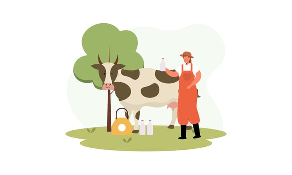 Dairy farmer, country milker. Rural outdoor scene. Countryside worker vector