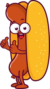 A cartoon hot-dog character. Thumbs up gesture sausage mascot. Fast food restaurant sandwich with sausage. vector