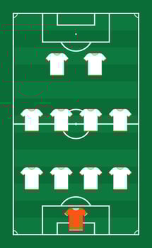 Scheme position player with white shirt, green football field. of player soccer sport, tactic team scheme, position stadium illustration, play competition strategy vector