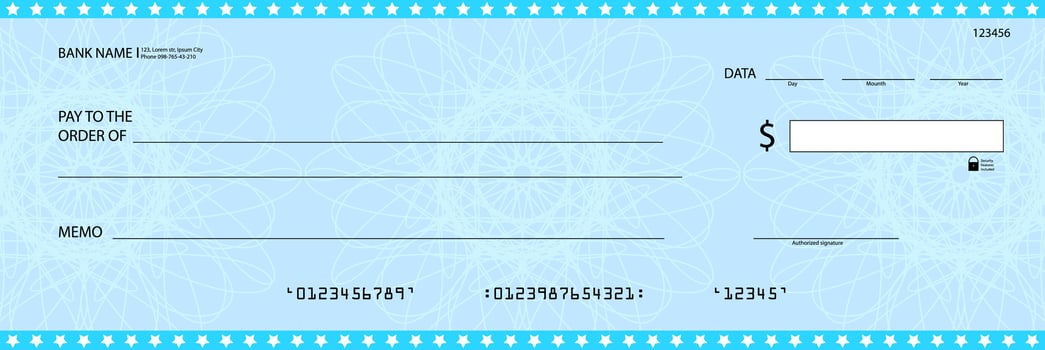 Template of cheque with water marks. of check and coupon, cheque money, checkbook blank, business payment, voucher of bank, personal bill or invoice mockup illustration vector