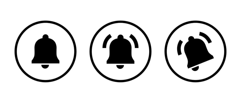 Notification bell icon set on circle line. Alert, alarm sign symbol vector