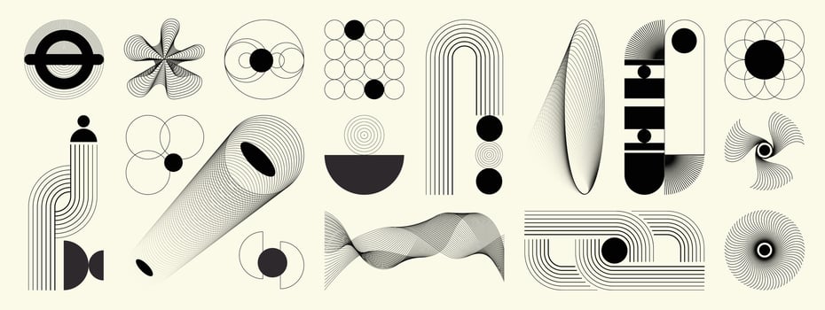 Hand drawn abstract minimal element mid century set. Aesthetic contemporary stripe line art, geometric shape in monochrome. Art form design for wall art, decoration, wallpaper. vector