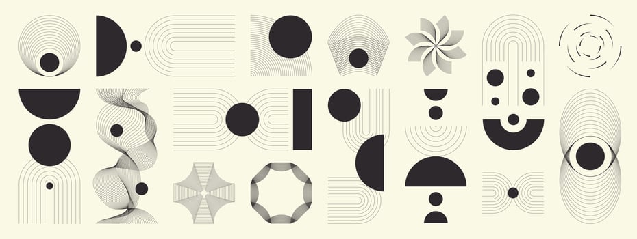 Hand drawn abstract minimal element mid century set. Aesthetic contemporary stripe line art, geometric shape in monochrome. Art form design for wall art, decoration, wallpaper. vector