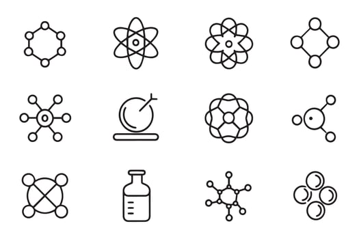 Molecule, cell, atom, protein related , editable stroke outline icons set illustration. vector