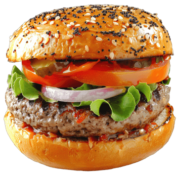 Hamburger with soft bun and vegetables png