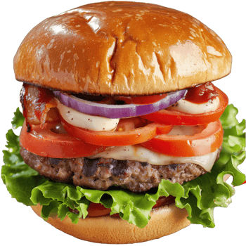 Hamburger with soft bun and vegetables png