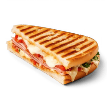 a grilled sandwich with ham and cheese on a transparent background png