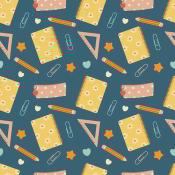 School seamless pattern. School stationery on a blue background. illustration for background, card, cover. vector