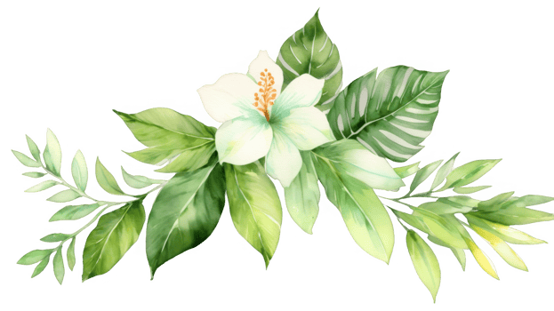 Watercolor of tropical spring floral green leaves and flowers, isolated on a transparent background. Perfect for bouquets, greeting cards, or wedding card decorations. png