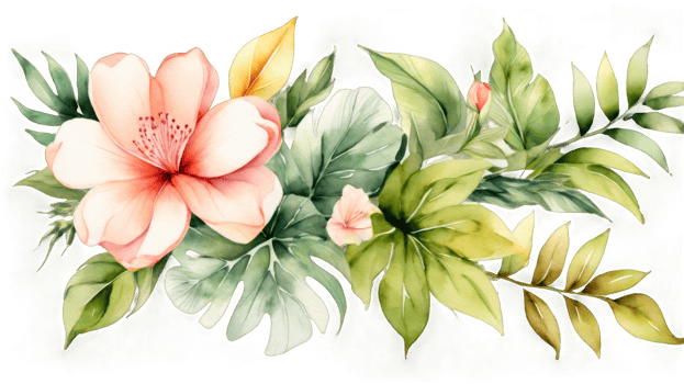 Watercolor of tropical spring floral green leaves and flowers, isolated on a transparent background. Perfect for bouquets, greeting cards, or wedding card decorations. png