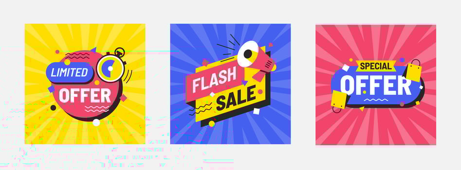 Square sales promotion banner collection design with megaphone, timer, and shopping bag icons. vector