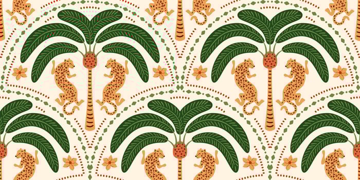 Tropical palm tree Asian leopard seamless pattern. Cute jungle damask ornament, jungle arched print, hand drawn wild animal under the coconut, Indian textile design wallpaper beach illustration vector