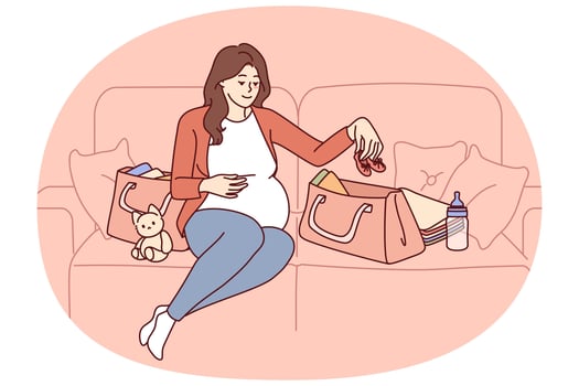 Pregnant woman is packing things for unborn child in bag going to maternity hospital vector
