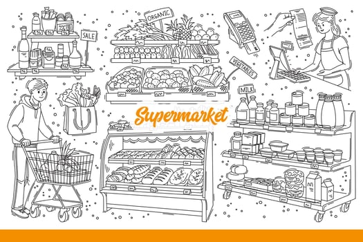 Supermarket with food and fresh vegetables or baked goods near buyer and seller. Hand drawn doodle vector