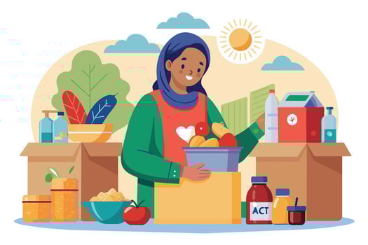 Woman Donating Food and Supplies to a Food Bank on a Sunny Day vector