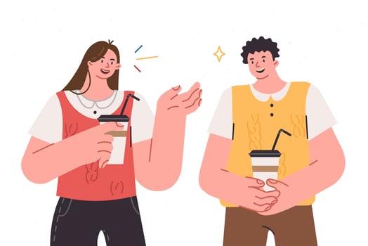 Man and woman drink takeaway coffee, hold paper cups in hands and talk, walking around city vector